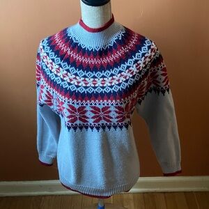 vintage Essex Junction Gray Sweater with Red and Navy Nordic Pattern